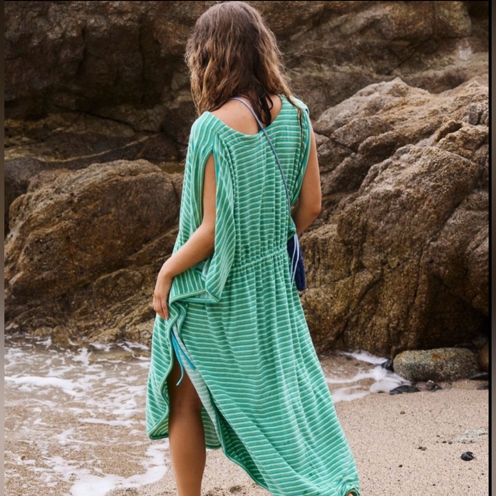 Free People Green Striped Terry Cloth Kaftan Billowy Beach Midi Dress NWT🔖 - Picture 4 of 4